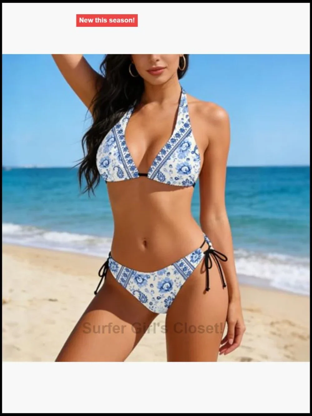 Vintage Floral Bikini Set, Triangle Halter Two Piece Swimsuit with Removable